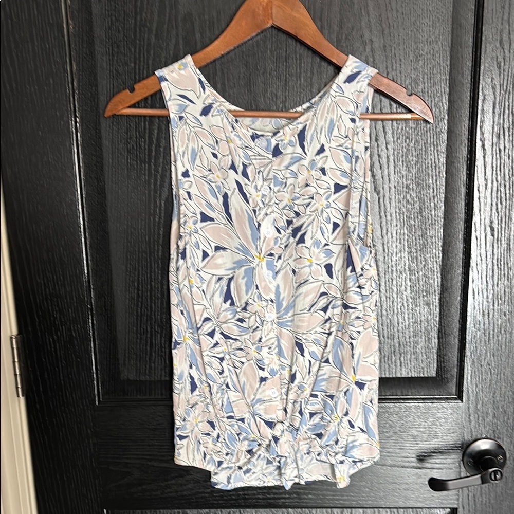 White and Blue Sleeveless Tank Top with Floral Design